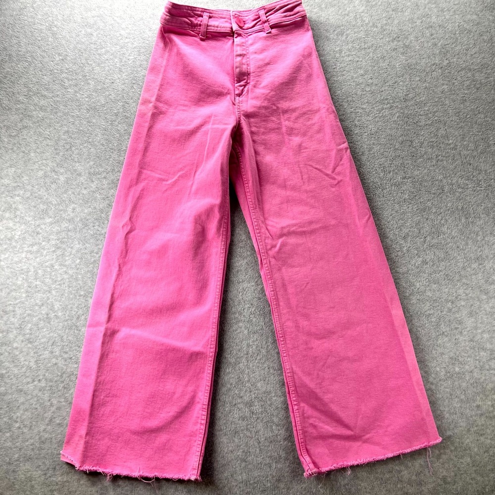 Zara Ankle Jeans Womens 4 Pink Denim High Rise Wide Leg Casual Raw Hem Distresse